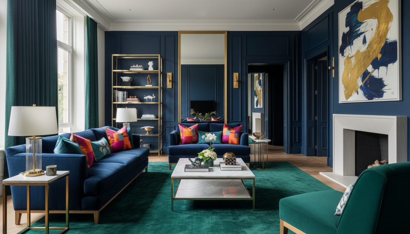 Elegant living room with sophisticated blue and green color palette